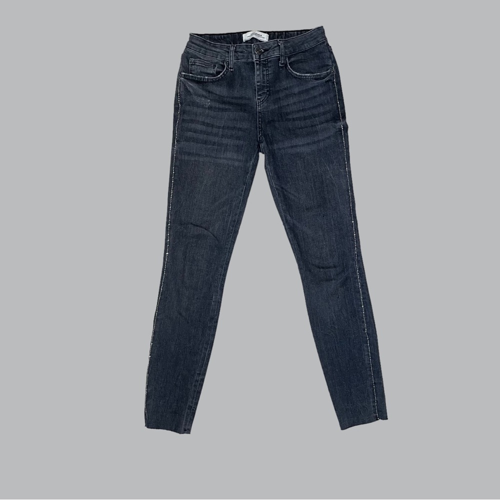 Zara Premium Denim Charcoal Distressed Cropped Raw Hem Embroidered Side Jeans
